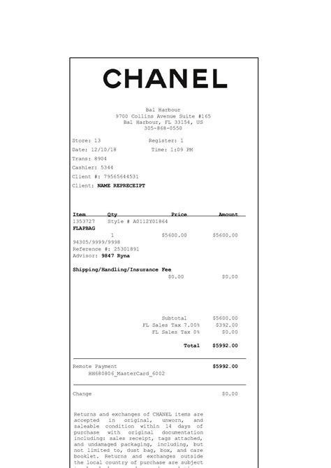 Chanel Receipt 3131 Las Vegas Blvd 